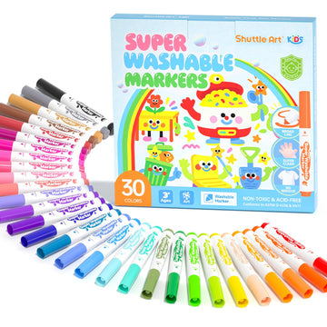 Shuttle Art Super Washable Markers, 30 Colors Broad Line Conical Tip Markers for Kids, Ultra Clean Coloring Book Marker Set, Home Classroom School