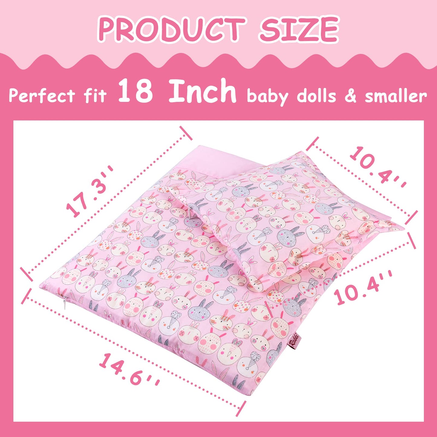 Pink Rabbit Print Doll Bedding Set - Mattress, Pillow & Blanket for 18 Inch Dolls - Includes 1 Mattress, 1 Pillow, 2 Blankets - Cute Doll Accessories