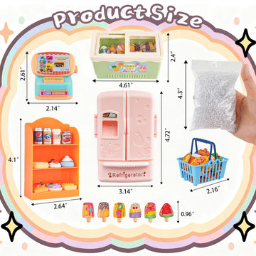 Miniature Food Play Set for Kids - Includes Refrigerator Freezer Ice Cream Drinks & Display Shelves Realistic Toy for Imaginative Play, for Toddlers