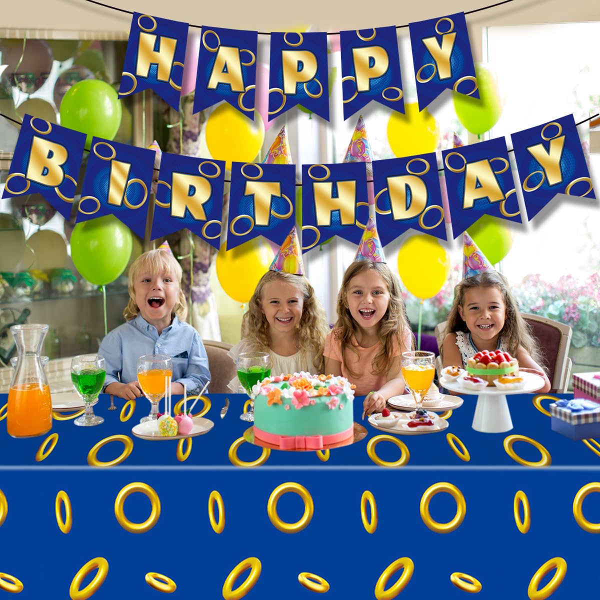 OUAOCZH 2Pcs Blue Gold Ring 108'' x 54 ''Tablecloth and Banner Disposable Rectangle Rings TableCover for Boys Girls Birthday Party Supplies