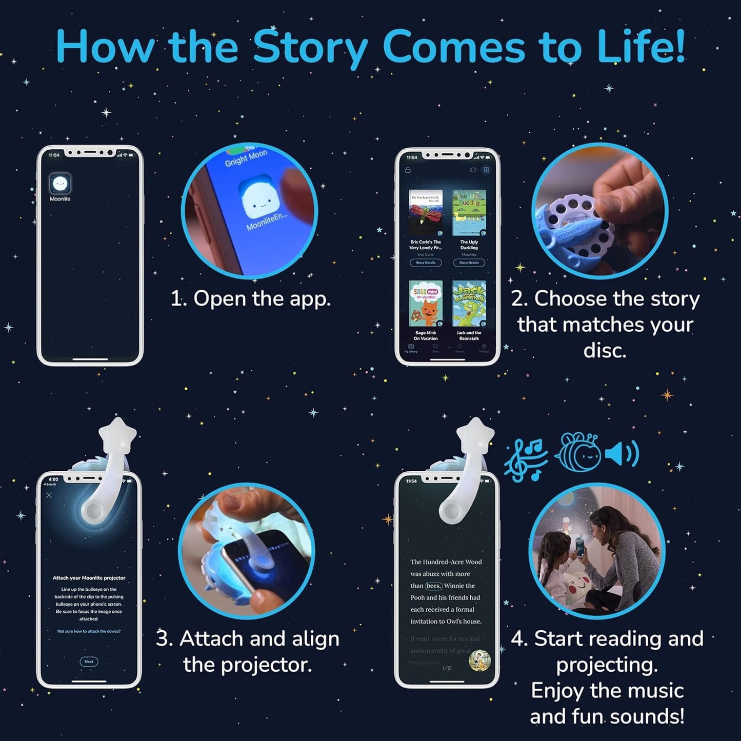 Moonlite Storytime Single Story - Uni the Unicorn and the Dream Come True - Vibrant Storybook Art Projections with Playful Sound Effects & Background