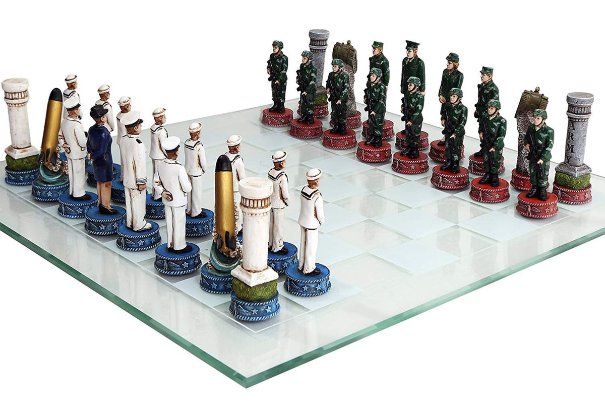 Army vs Navy Chess Set with Glass Board New