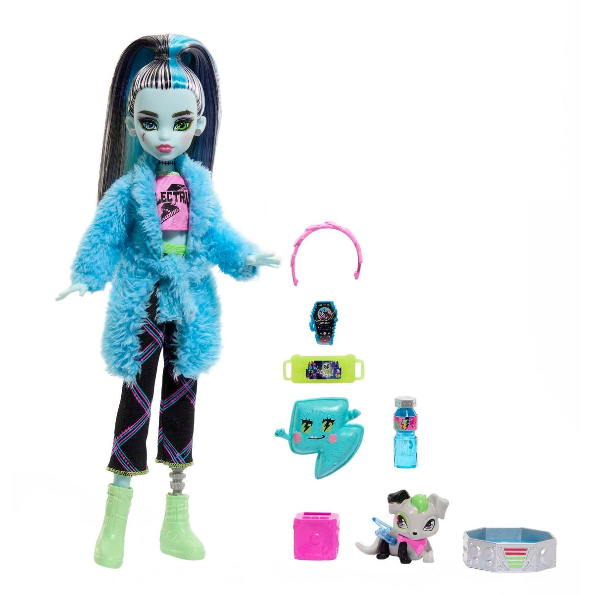 Monster High Creepover Party Doll, Frankie Stein with Pet Dog Watzie, Sleepover Clothes & Accessories like Pillow & Furry Robe