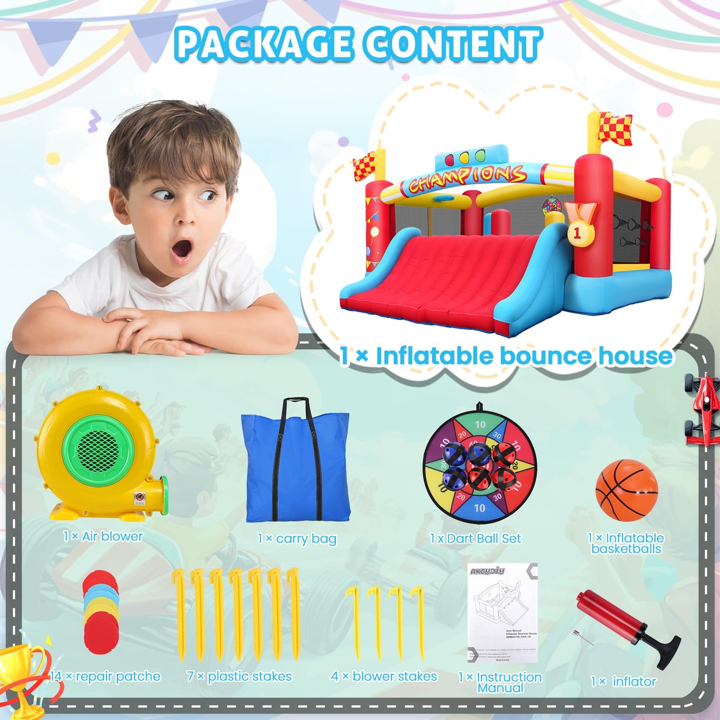 AKEYDIY Big Inflatable Bounce House for Big Kids, 13FT Outdoor Inflatable Bouncers with Blower, Double Basketball Hoop, Throw Ball Game, Punching