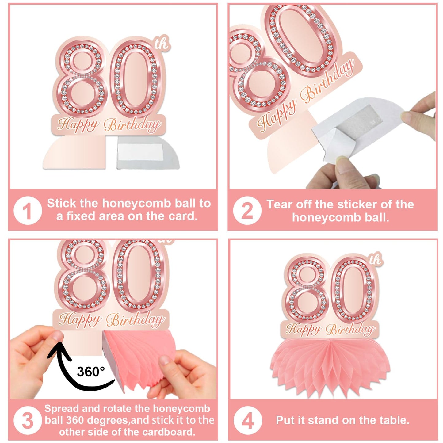 Happy 80th Birthday Rose Gold Table Honeycomb Centerpieces Balloons Theme Decor Table Decorations Table Toppers for Girls Women Sweet Princess 80