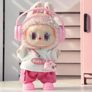 for Labubu Dolls Cute Puppy Themed Sporty Casual Outfit - Includes White T-Shirt Shorts Headphones and Shoes (Pink Set with Camera and Headphone)