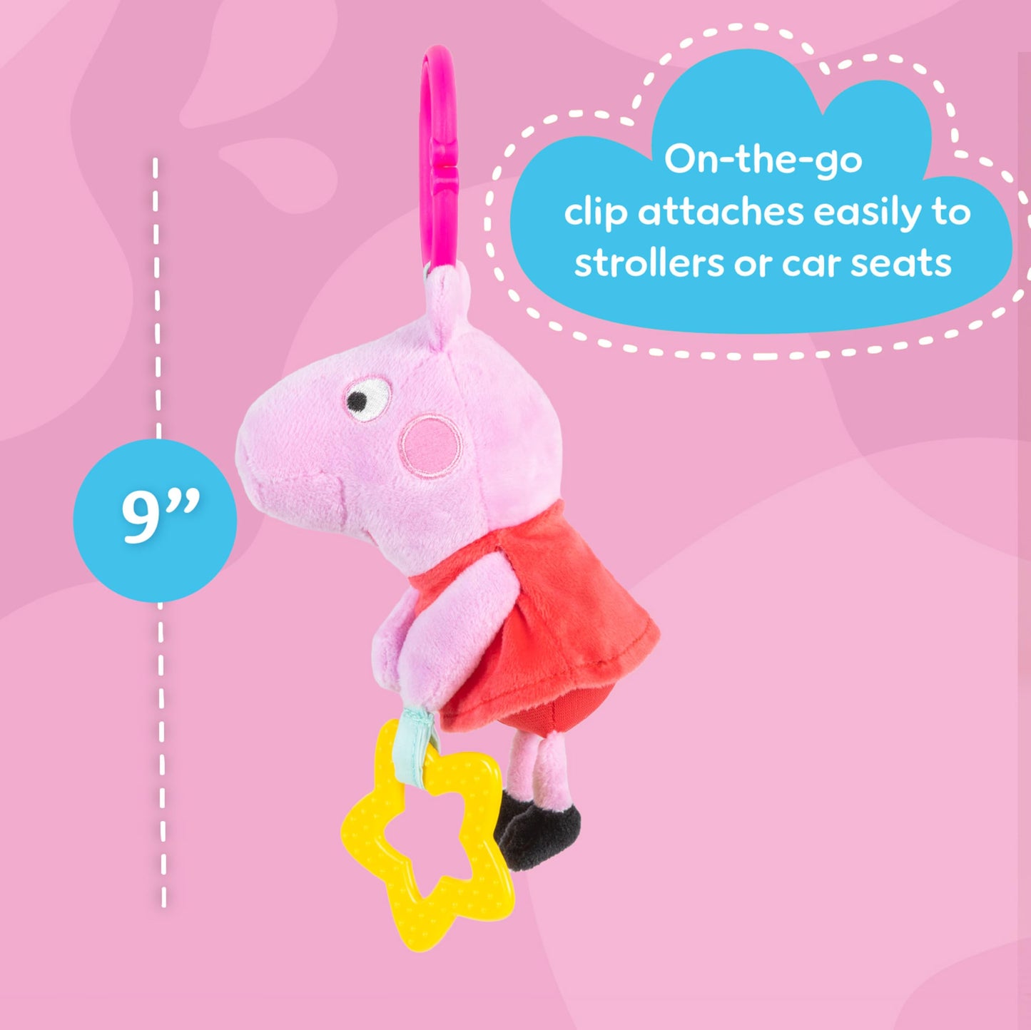 Kids Preferred Peppa Pig Take Along Activity Toy - Baby Toy, Star Teether, Rattle, Sensory Toy, 9 Inches, On-The-Go Clip, Ages 0 Months and Up