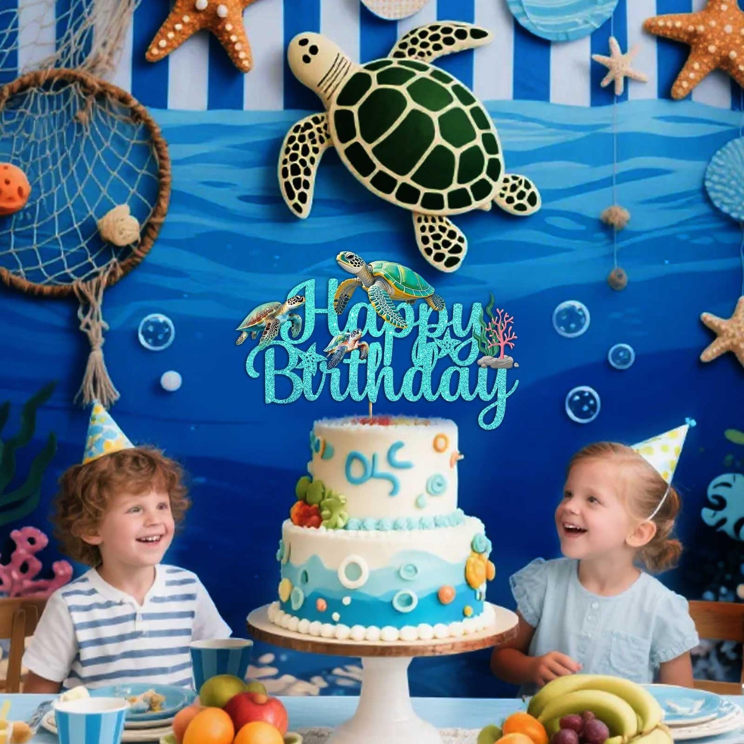 Sea Turtle Cake Topper Blue Glitter Sea Turtle Birthday Decorations Under the Sea Ocean Cake Decorations