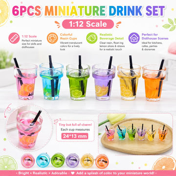 6Pcs Miniature Dollhouse Drink Set, 1:12 Scale, Colorful Resin Glass Cups with Beverage, Simulated Fruit Juice and Lemon Models, 0.72 x 0.5 Inch