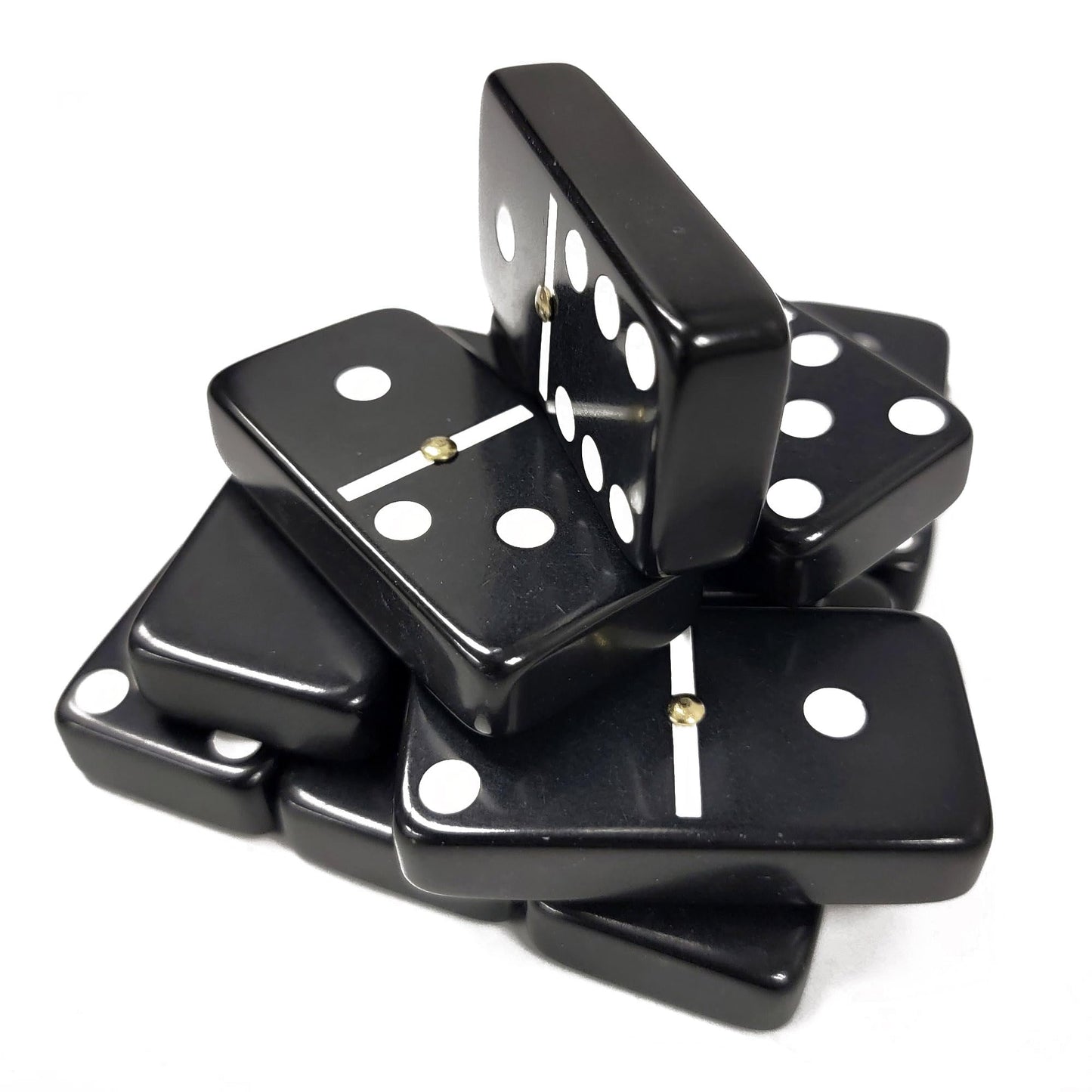 Marion Domino Double 6 Custom Engraved and Hand Painted Black Jumbo Tournament Size with Spinners in Elegant Black Velvet Case.