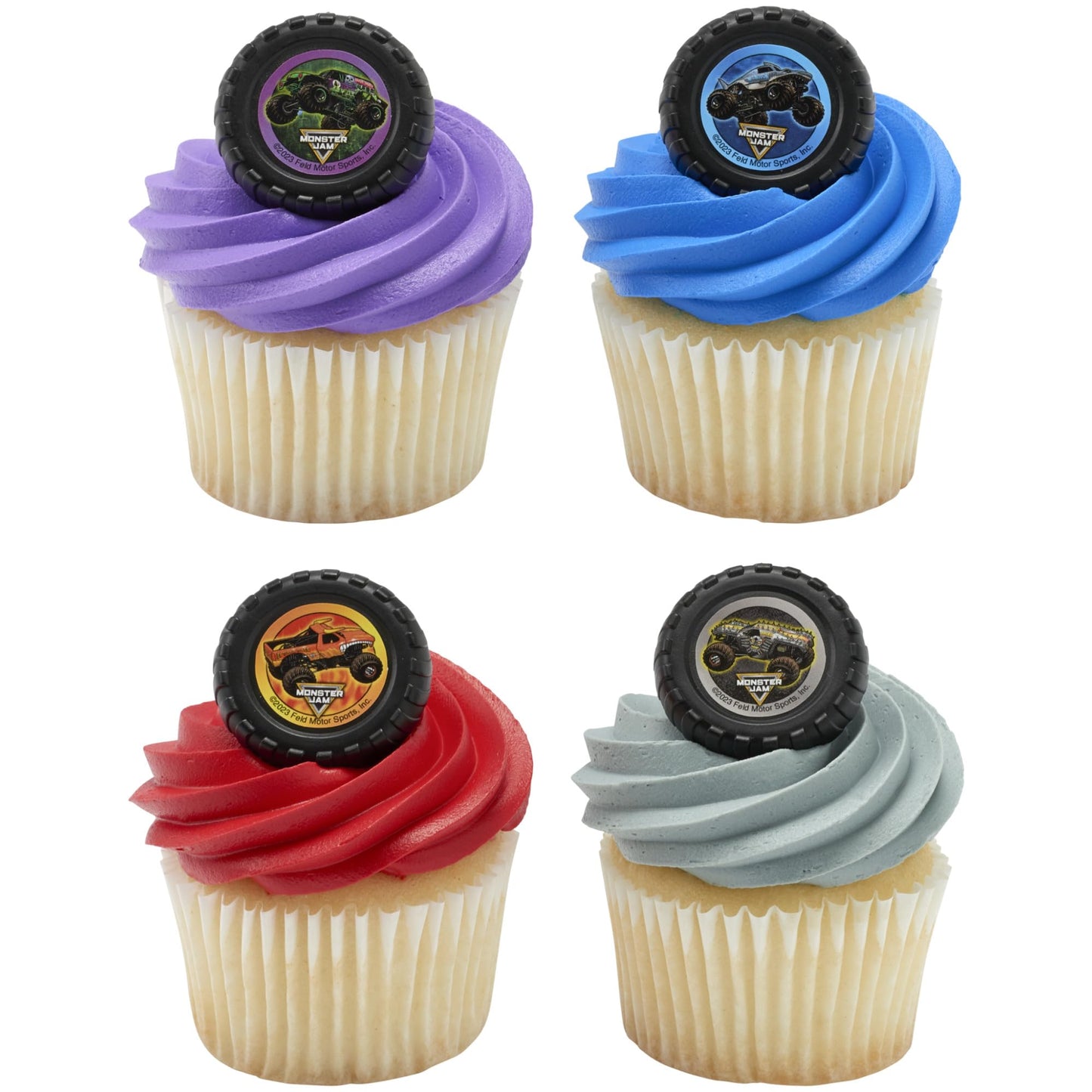 Monster Jam Rings, 24 Monster Truck Cupcake Toppers, Bright Colorful Truck Tire Cupcake Decorations, Food Safe - 24 Pack
