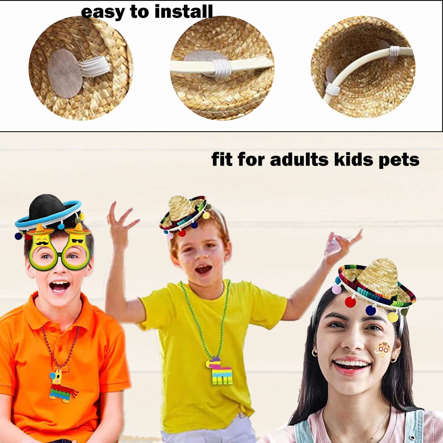 SEIHDHIK 2 PCS Mini Sombrero Headbands, Small Fabric Mexican Sombrero Hats,Straw Mexican Sombrero Hats with Ball Fringe for Mexican Themed Party