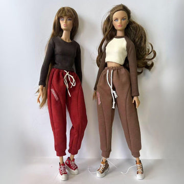 Doll Clothes Outfit Set for 11.5-12 Inch Fashion Dolls, Brown Raglan Top with red Jogger Pants and Sneakers (red Set)