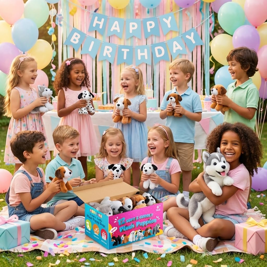 Bedwina Plush Puppy Dogs - (Pack of 12) 6 Inches Tall Small Stuffed Animals Bulk Assorted Puppies and Cute Stuffed Plushed Adopt-a-Puppy Dog