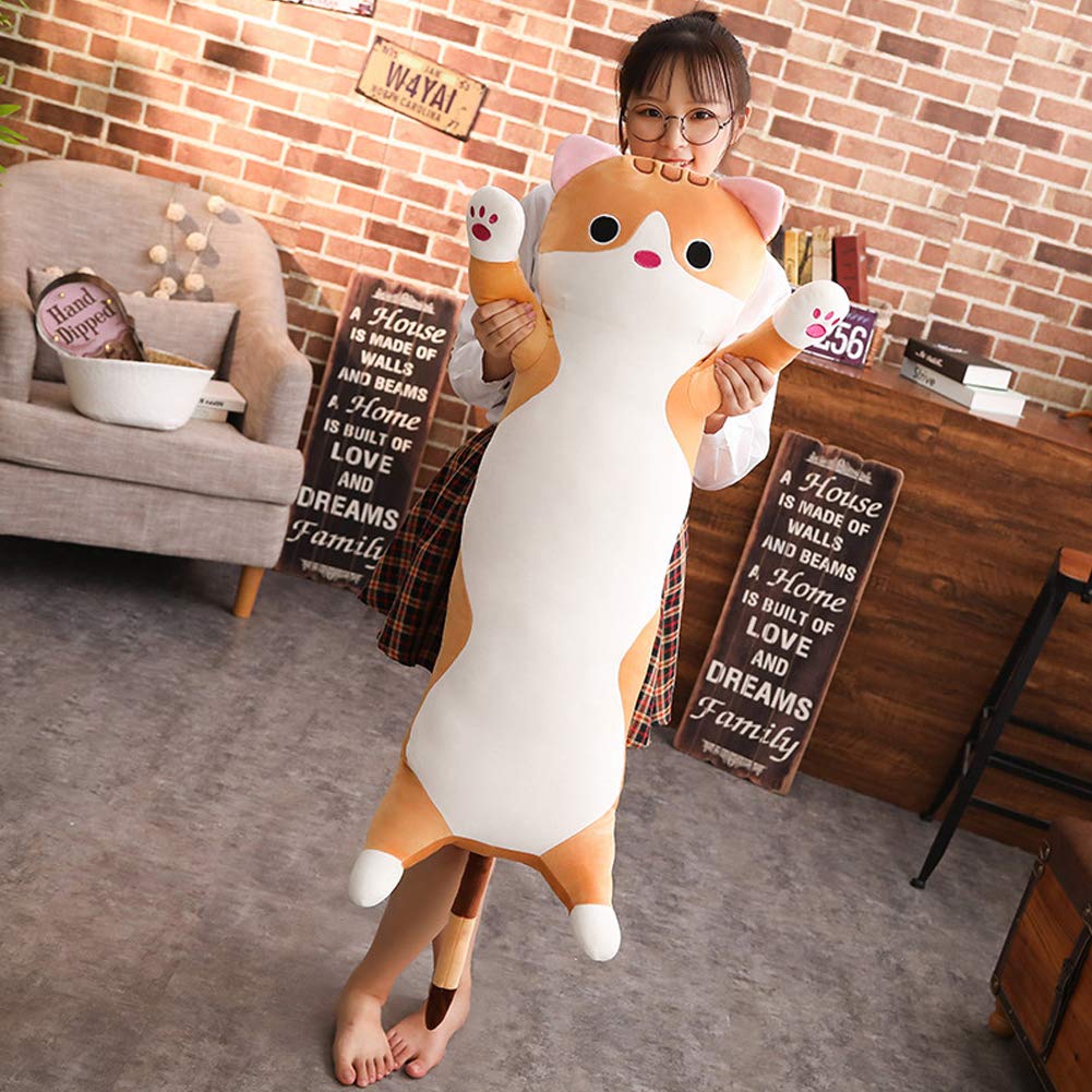 Jensquaify Cat Plush Hugging Pillow, Cat Stuffed Animals Soft Kitten Plush Long Body Pillow Toy Gifts for Kids (Gray, 27.55 inch)
