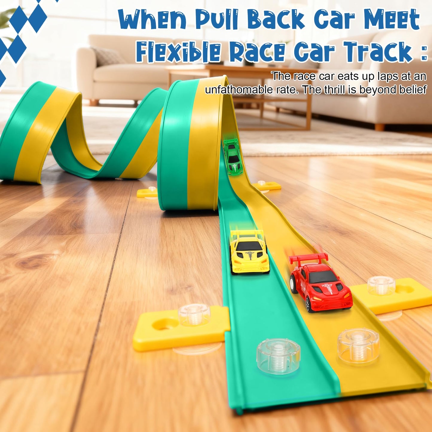 Flexible Race Car Track for Kids, Flex Track with 4 Small Race Cars,Rolls Up Portable Racetrack for Ages 3+, Compatible with H*t Wheels and DIEC*st