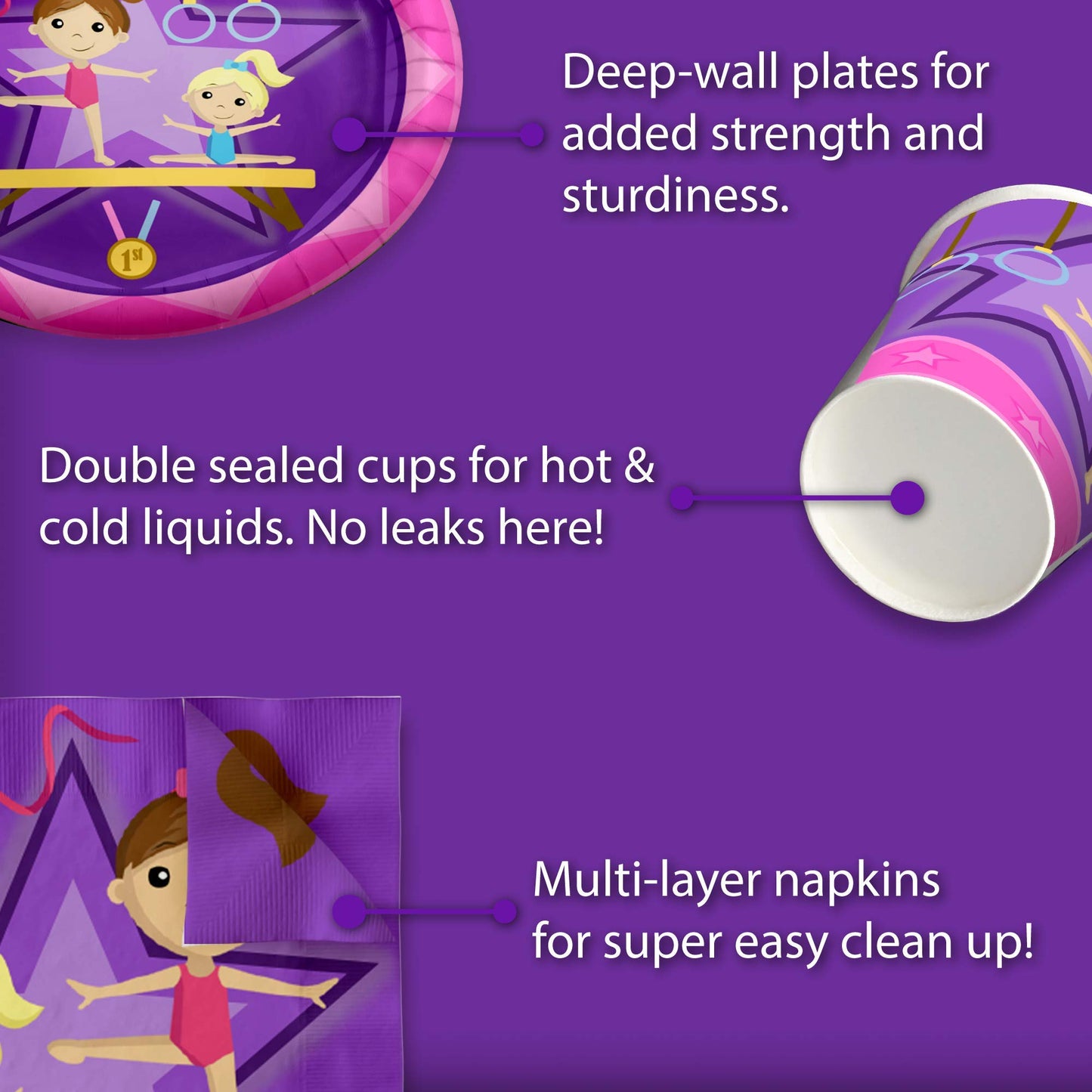 Gymnastics Star Birthday Party Supplies Set Plates Napkins Cups Tableware Kit for 16