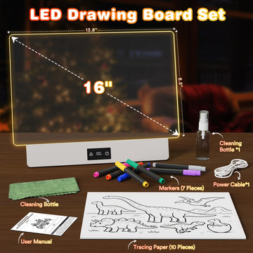 Demolike 16" LED Drawing Board for Kids, Rechargeable Glow Doodle Board with 10 Light Modes, Anti-Scratch Acrylic Dry Erase Pad, 7 Markers & A4