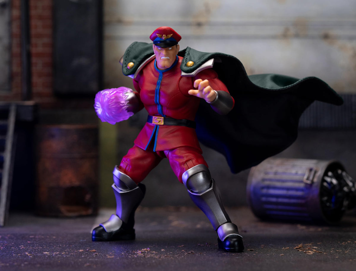 Jada Toys - Street Fighter II M. Bison Action Figure Wave 2 - 1:12 Scale, 6" Tall, Interchangeable Heads, Hands, Purple Fire Accessory