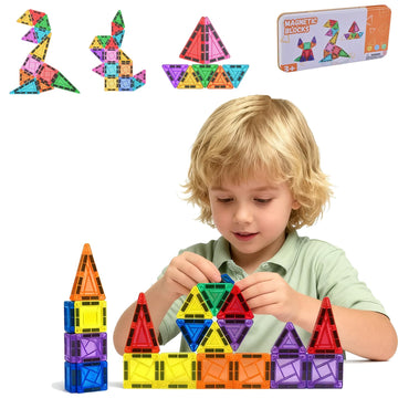 26PCS Mini Magnetic Tiles Building Blocks Set with Portable Iron Case, STEM Travel Toys for Kids Ages 3+, Educational Magnet Construction Puzzles