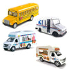 Diecast Gift Set of 4 | Ice Cream, Food, School Bus, Mail Trucks | Pullback Toys for Boys and Girls with Detailed Interior
