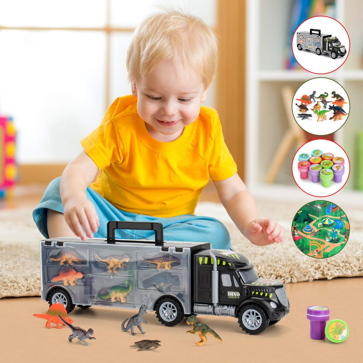 MOBIUS Toys Dinosaur Truck Carrier - Large Transport Truck with 12 Realistic Dino Figures for Kids Ages 3-7 - Durable BPA-Free Dinosaur Storage Toy