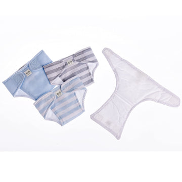 JC Toys Baby Doll Washable and Reusable Eco Diapers 4 Pack Fits Dolls 14 to 18 inch in Blue/White/Grey