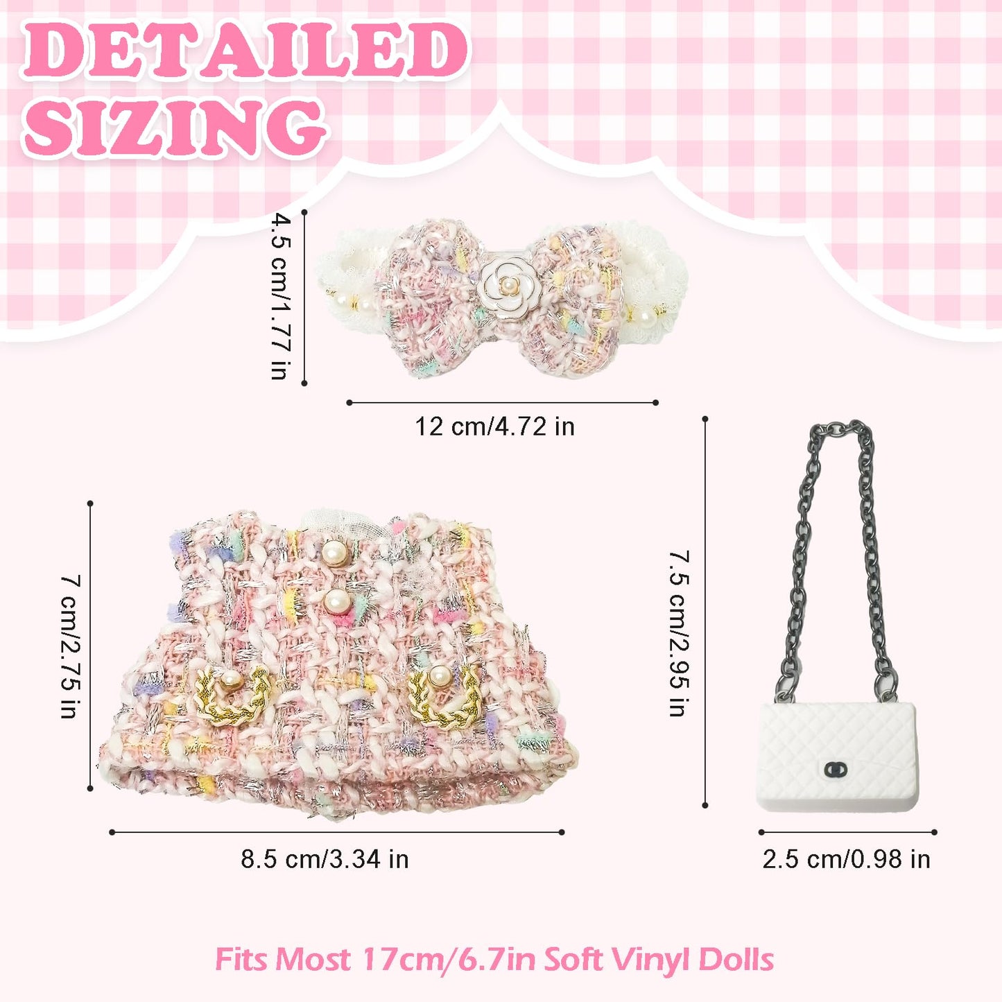 Clothes Compatible with Labubu Doll,Labubu Outfit Set - Pink Dress + Bow Headband + White Shoulder Bag for Labubu Dolls, Stylish Accessories for 17cm