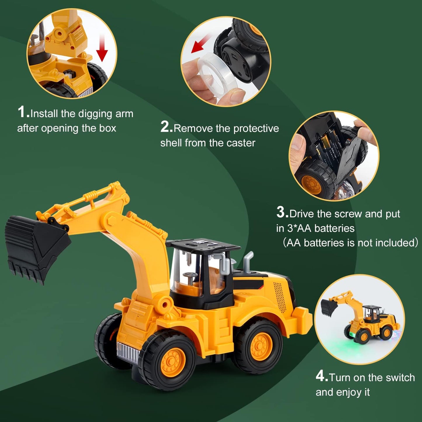 Kizmyee Automatic Excavator Toy with Music & 3D Lights, Battery Powered Construction Vehicle for Kids Ages 3-6, Boys Girls Gift for Birthday Christmas