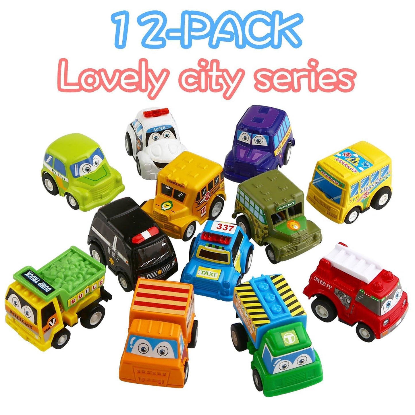 Funcorn Toys Pull Back Car, 12 Pack Assorted Mini Plastic Vehicle Set, Pull Back Truck and Car Toys for Boys Kids Toddler Party Favors,Die Cast Car