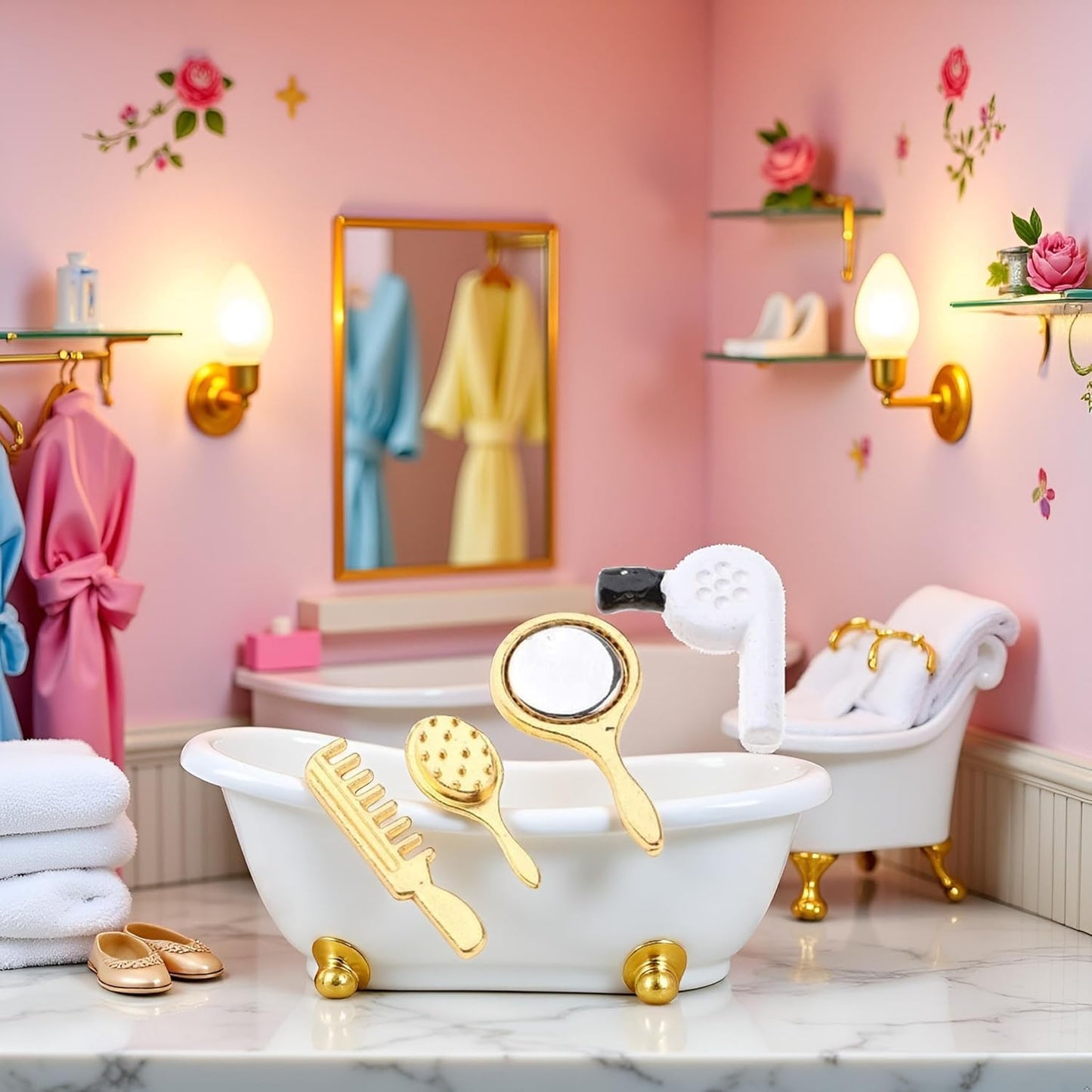 4 Pcs Miniature Bathroom Set with Hair Dryer, Accessories 1:12 Scale Bathroom Comb Mirror Hair Dryer Brush,Furniture Accessories