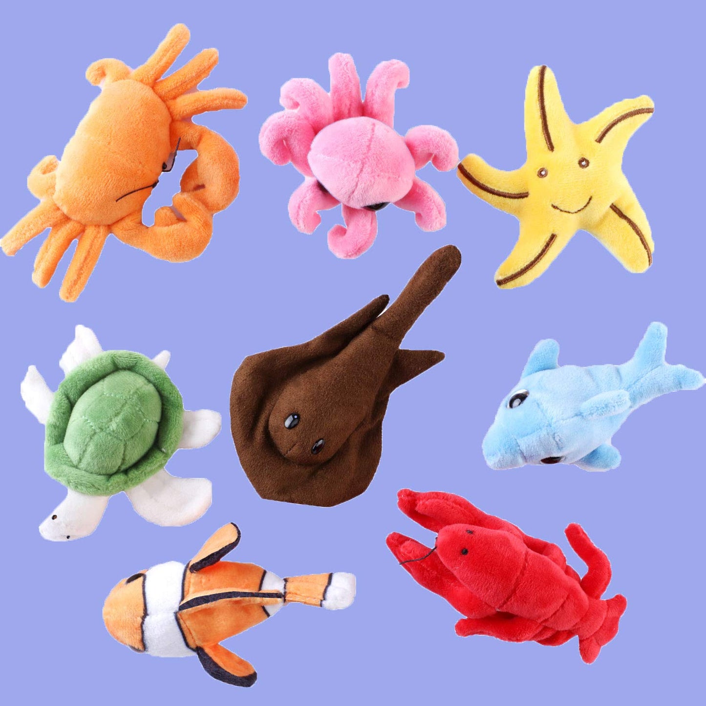 Plush Soft Stuffed Ocean Sea Animals Playset with Plush Shell Package House for Storage Includes Stuffed Turtle, Lobster, Crab, Dolphin, Stingray