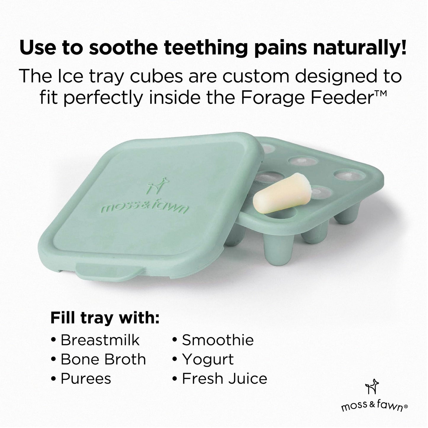 Moss and Fawn Baby's First Bites Bundle - Silicone Frozen Breast Milk Popsicle Kit with Forage Feeder & Teething Popsicle Ice Cube Tray - BPA, PVC