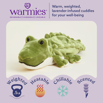 warmies Junior Microwavable & Weighted Stuffed Animals, Alligator - Heated Stuffed Animal Plushie for Warmth & Comfort - Cute Soft Plush Toys