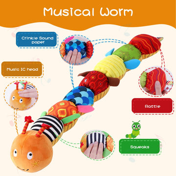 ZUCOOP Musical Worm Soft Model, 6 Different Sensory, Crinkle and Rattle Stuffed, Caterpillar Model