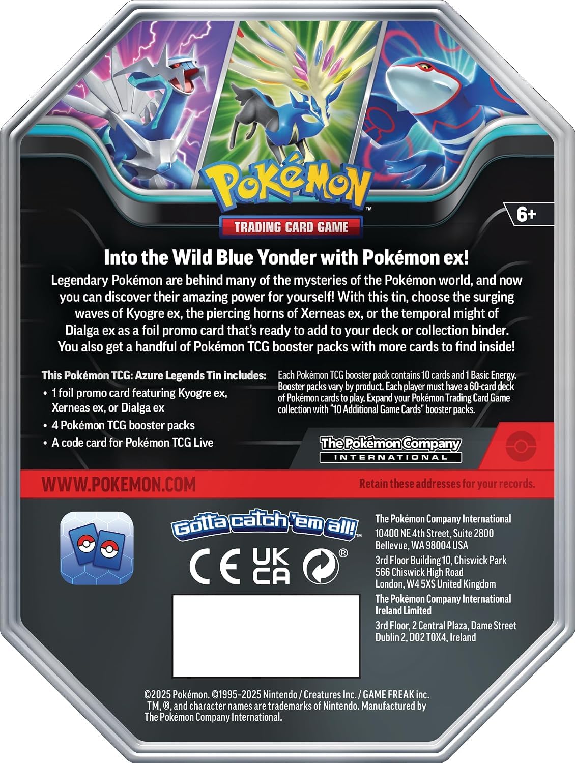 Pokemon TCG Trading Card Games Azure Legends Tin 4 Booster Packs from Scarlet and Violet with Promo Card (Kyogre)