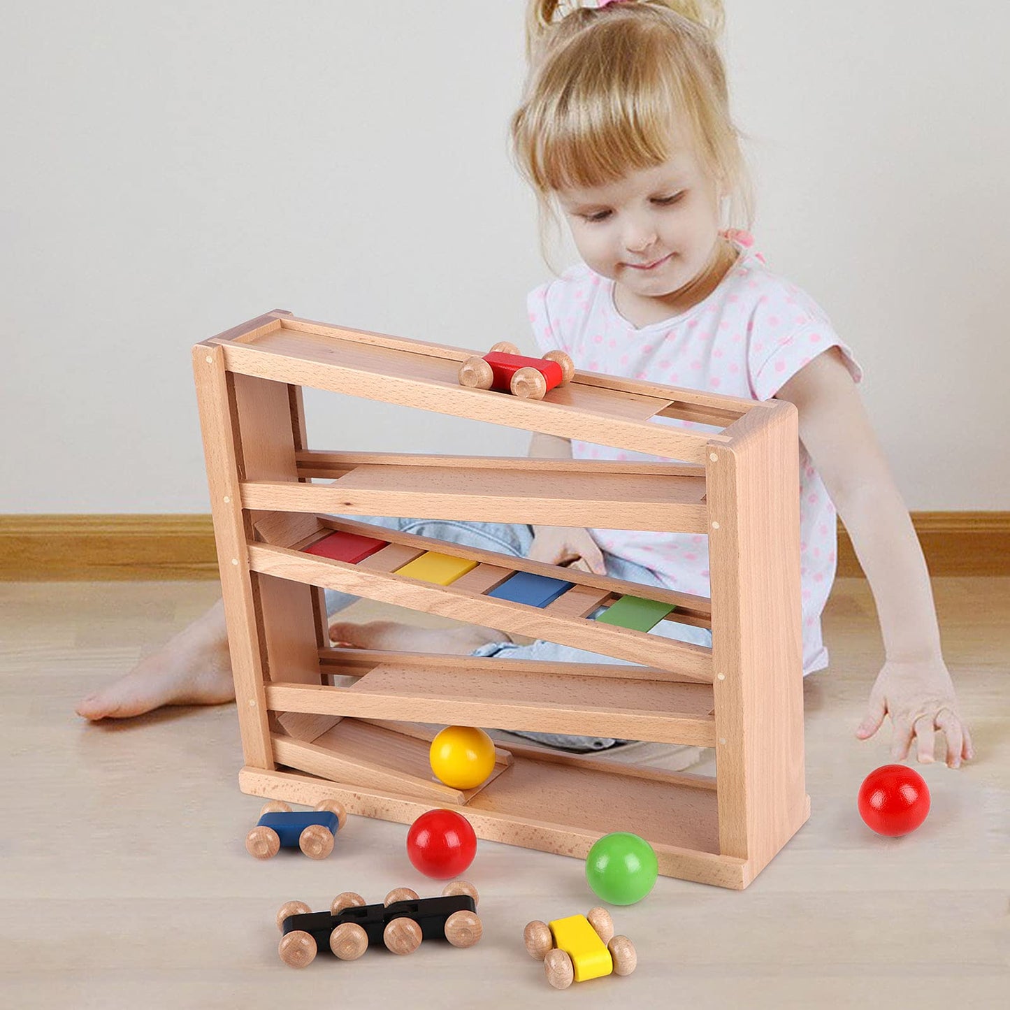 Qilay Wooden Race Track Car Ramp Racer Toy for Toddlers, 5 Level Race Car Ramp Toy Set Includes 4 Wood Cars and 3 Balls,Great Building Learning Toys
