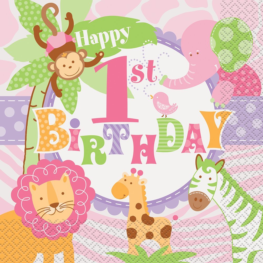 Unique 42552 Safari 1St Birthday Luncheon Napkins, 6.5" x 6.5", Pink, 20 Pcs