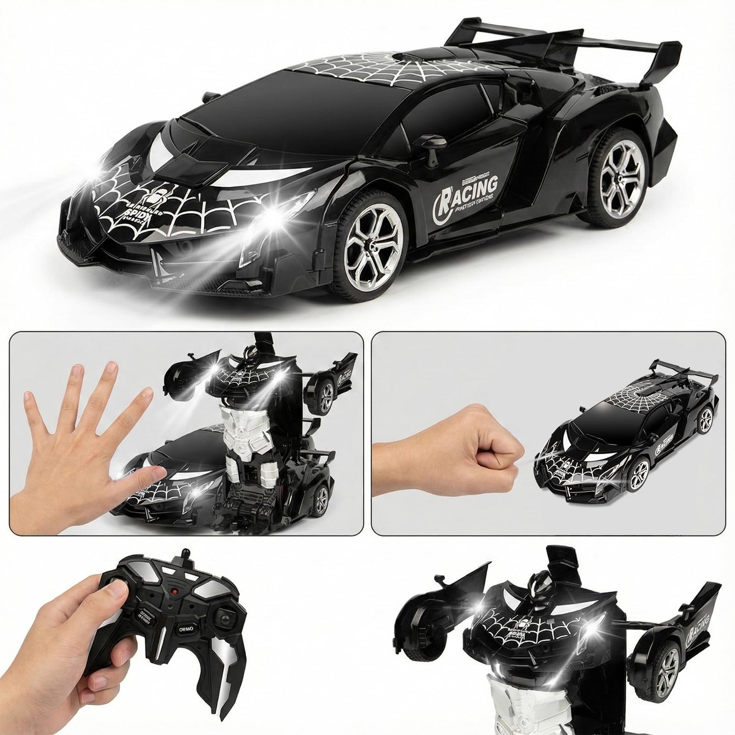 MUISHUYU Rechargeable Transform Remote Control Spider Car, Black Transforming RC Robot Toy 1:18, One-Key Deformation, 360° Drifting Vehicle for Kids