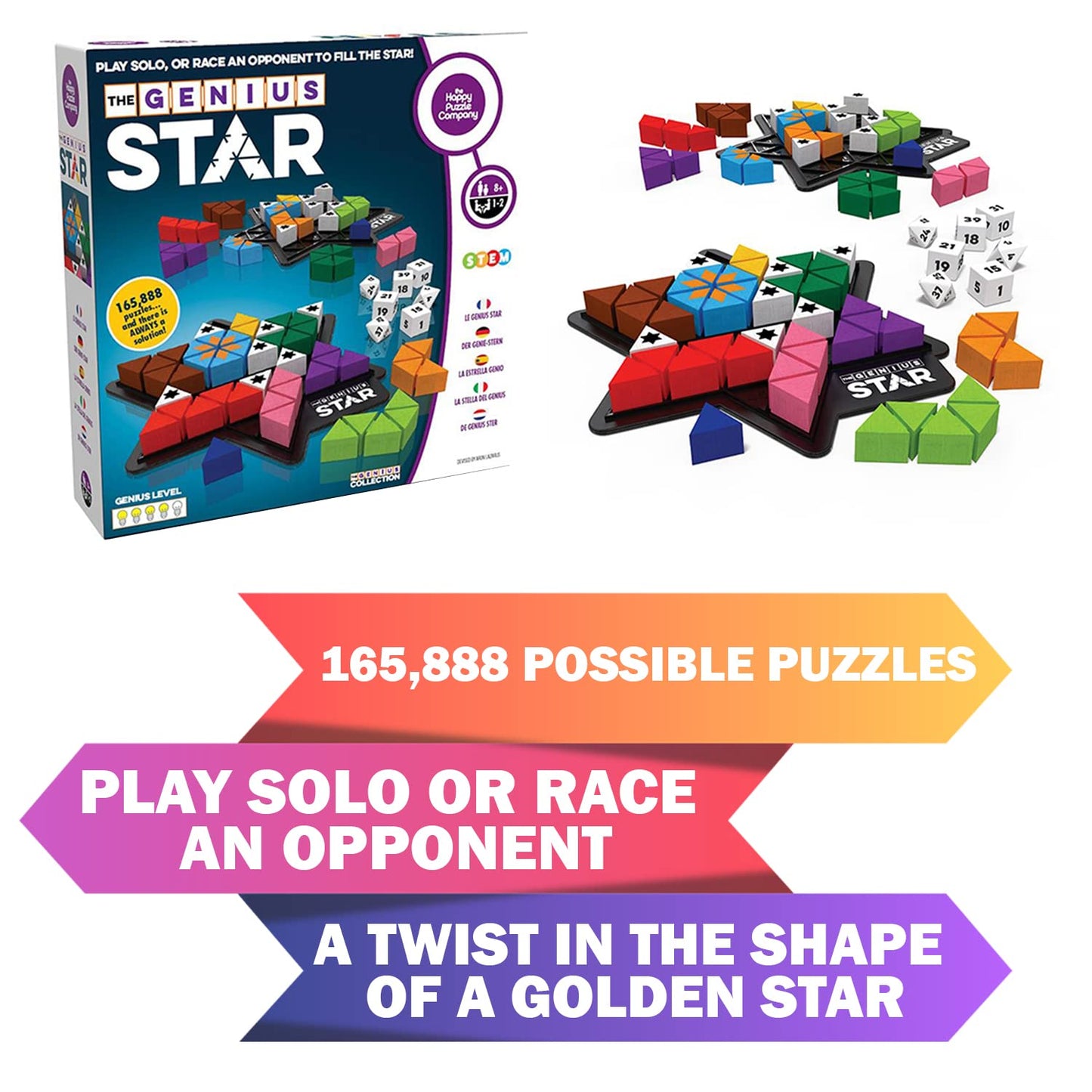 The Happy Puzzle Company The Genius Star | Toy of The Year Award Winning Family Board Game | 165,888 Possible Puzzles | Filling in Colored Shapes |