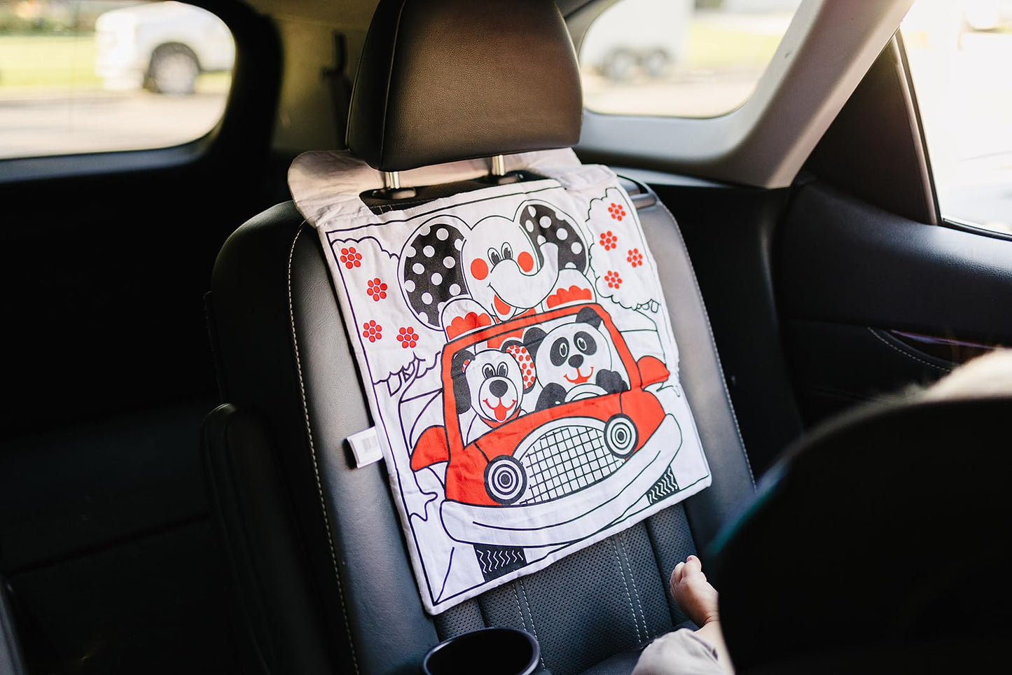 Genius Baby Toys Infant Car Seat Toy, Reversible Activity Center with Baby Safe Mirror, High Contrast Images, Animal Panel & Storage Pocket, Easy