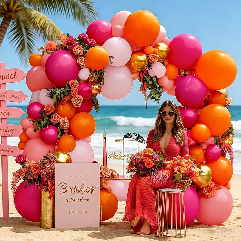 Pink Orange Balloon Garland Double Stuffed Hot Pink Orange Gold Metallic Pastel Balloon Arch Kit for Birthday Baby Bridal Shower Wedding Summer