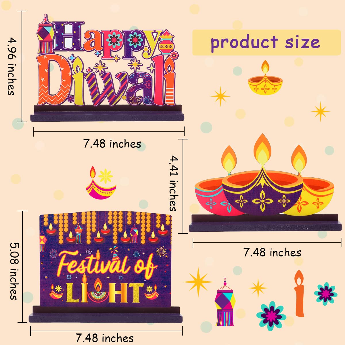 3 Pack Diwali Table Decorations Deepawali Wooden Centerpieces Happy Diwali Wooden Sign for Traditional Indian Hindu Festival of Lights Party Supplies