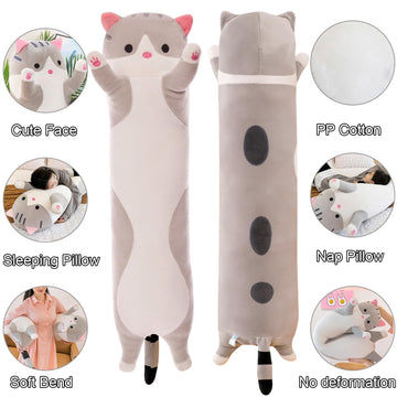Giant Cat Pillow Plush Cartoon Kitty Sleeping Hugging Pillow, Cuddly Soft Long Kitten Body Pillow Doll Cat Cushion Toy for Kids Girlfriend (Gray