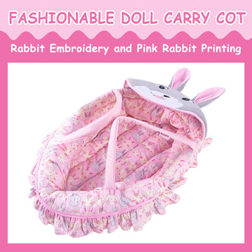 Rakki Dolli Doll Carry Cot Doll Carry Crib Doll Carrier with Fashion Embroidered Rabbit Face, Fits for 16” 18” American Girl Dolls