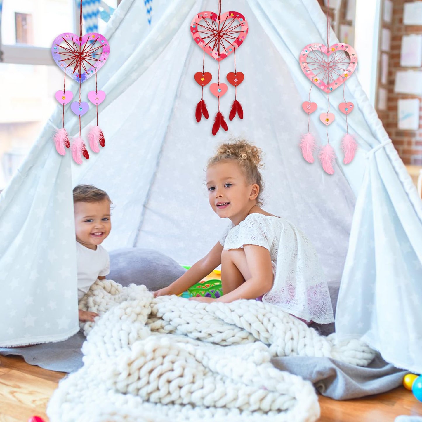 Fennoral 6 Pack Heart Dream Catcher Craft Kit for Kids Paint You Own Love Heart Dream Catcher DIY Coloring Mother's Day Wooden Art and Craft for Art