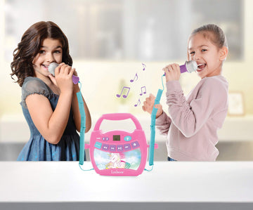 LEXiBOOK Unicorn - Portable Karaoke Digital Player for Kids - Microphones, Light Effects, Bluetooth, Record and Voice Changer Functions, Rechargeable