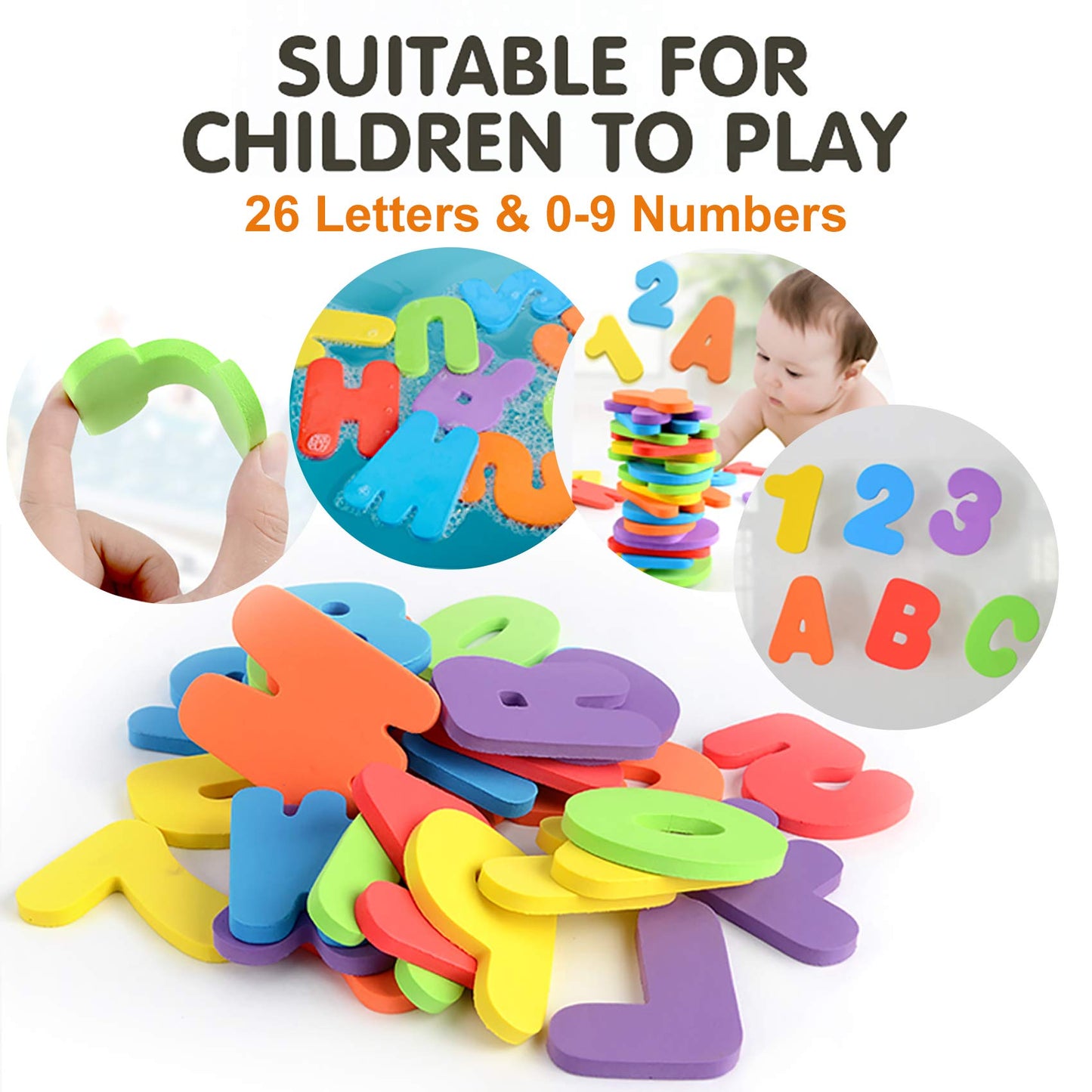 Bath Toy Sets, 36 Foam Bath Letters and Numbers, Floating Squirts Animal Toys Set with Fishing Net and Organizer Bag, Fish Catching Game for Babies