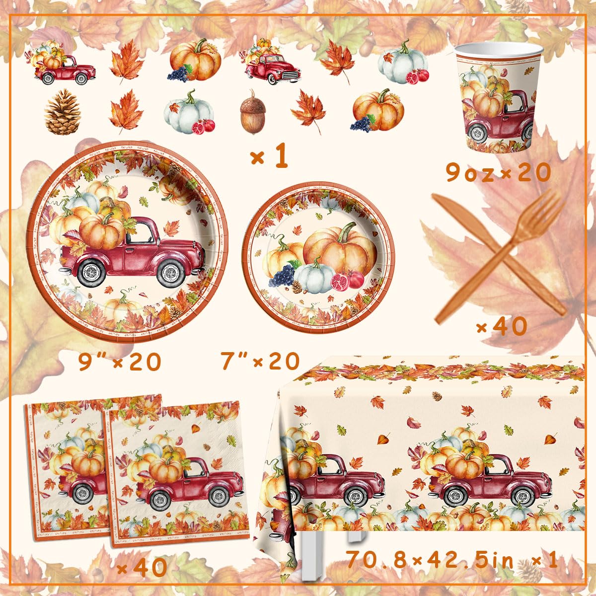 142Pcs Fall Party Plates and Napkins Party Supplies, Autumn Pumpkin Leaves Tableware Set with Cups,Banner,Pumpkin Tablecloth for Fall Harvest Party