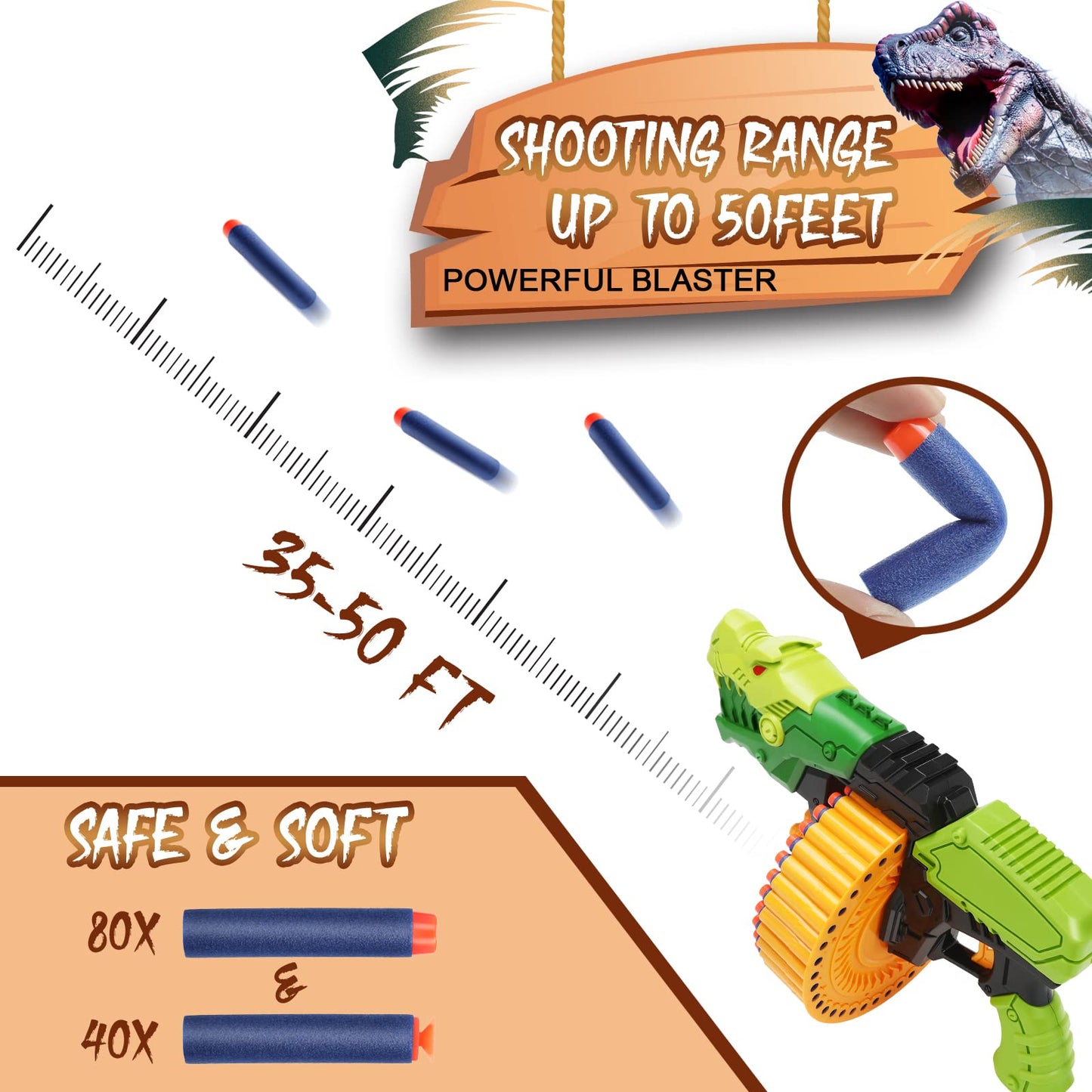 Toy Gun Toy Foam Blasters with 120 Foam Bullets, 40-Dart Rotating Drum, Foam Dart Gun Shooting Game for Indoor Outdoor Activity, Dinosaur Toys
